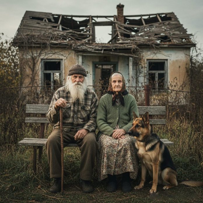 dreamina-2025-10-04-4157-An elderly couple sits on a wooden bench...