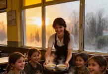 For five years, a small-town waitress quietly paid for the meals of four orphaned girls—never asking for anything in return. But one snowy evening, fifteen years later, a black SUV pulled up at her doorstep…