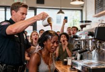 A racist police officer poured coffee on a Black woman and made offensive remarks — but when he found out who she really was, he dropped to his knees and begged for forgiveness, though it was already too late…