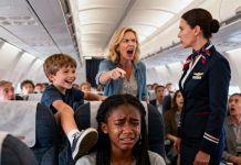 A little boy kept kicking a Black woman’s seat on the plane — the flight attendant warned him, but his mother started shouting racist insults… five minutes later, both mother and son were banned from flying.