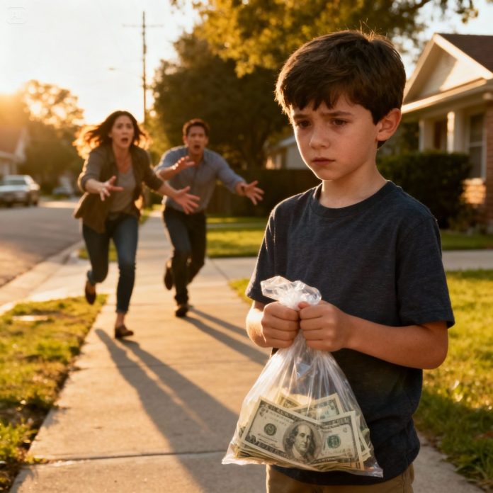 dreamina-2025-11-08-4392-A small boy standing on a sidewalk in a ...