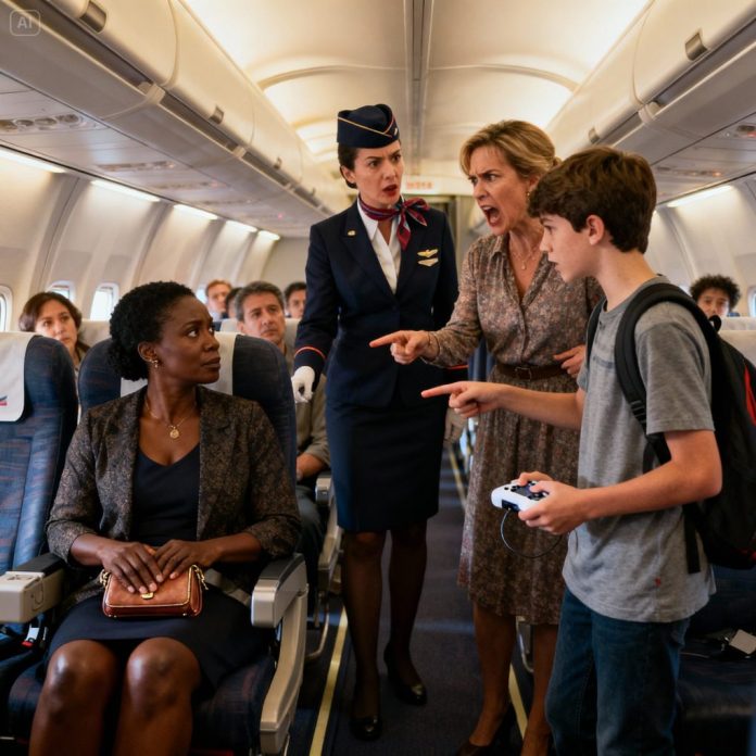 dreamina-2025-11-10-7078-A tense scene inside an airplane. A blac...