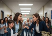 Karen screamed that my 10-year-old son was “a special-needs mistake” after he beat her precious boy in the spelling bee. She threw a chair, accused me of bribing the teacher, and shouted, “Those poor kids shouldn’t even be competing!” while recording the entire meltdown for her TikTok followers. My son cried for hours. She doesn’t know the principal showed me her file — full of prior incidents.