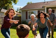 My sister yanked my son by the hair, dragging him across the yard as she screamed, “Your kid ruined my dress!” My mother laughed. “He deserves it. Maybe now he’ll learn his place.” My father smirked. “He should apologize for even being born.” I didn’t say a word — I just helped my son up, wiped away his tears, and quietly took him home. The next morning, police cars lined the street outside their house. Turns out, the “brat” they mocked was actually the legal owner of that house — thanks to a trust left under my name by his late grandfather.