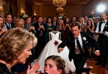 At my sister’s wedding, the music suddenly stopped when my mother slapped my little daughter across the face. “Why did you spill wine on the wedding dress?!” she screamed, her voice echoing through the hall. My sister’s groom charged toward us, fury blazing in his eyes. “You’ll pay for what you did!” My daughter trembled, tears streaming down her cheeks. “I didn’t do it! Please believe me!” But no one did. Guests whispered, cameras flashed, and my family stared at me with disgust. Then a nervous waiter spoke up: “Ma’am… we can review the security footage.” In that instant, my mother’s smugness vanished — and the groom’s face turned ghost-white.