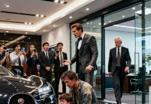 A Struggling Single Dad Walked Into a Luxury Car Dealership Just to Let His Son Sit in His Dream Car for a Moment — but a wealthy customer laughed loudly and told them to “leave before you dirty the leather.” The entire showroom froze. Then a senior executive stepped out of his office, overheard everything, and said something that flipped the whole situation upside down… leaving the arrogant customer humiliated.