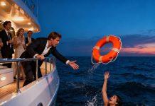 On the luxury yacht, my sister was pushed off the deck “just for fun.” One man burst out laughing and shouted, “John, you did it! I owe you fifty bucks!” My sister’s in-laws roared with laughter as if they were watching a comedy show, while she thrashed in the dark waves, screaming for help. John tossed down a single life ring, smirking. The moment I pulled her back onto the deck, I called out one command: “Come here. Now.” Let them laugh—let’s see how many of them make it back to shore…