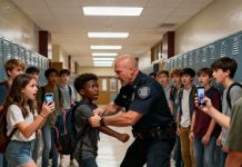 At my son’s middle school, a security officer grabbed him by the arm and accused him of “sneaking in” because he was the only Black kid in the honors program. Kids stopped, phones came out, and no one helped him—not even the teachers. But everything changed when his quiet classmate stepped forward, opened her camera, and said, “Sir, do you want me to upload what you just did?” What happened next shook the entire district…