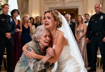 In the middle of the lavish wedding, an elderly beggar quietly walked in, only hoping for a glass of water. Guests murmured in annoyance, and security moved to drag her out—but the bride froze the moment she saw the woman’s face. She rushed forward, dropping to her knees before her, shocking the entire hall. Her voice trembled: “Mom… I’m sorry. I never imagined you were still alive… or still searching for me.” The room turned to ice.