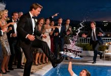 In the middle of the loud party, the poor waitress staggered under a tray full of glasses. A group of guests laughed at her and shoved her—she fell straight into the pool as laughter erupted everywhere. She struggled out of the water, soaked and shaking, while the crowd continued mocking her. At that moment, a man in a suit walked in. Every laugh died instantly when he spoke: “All of you… just lost your contract with me.” The atmosphere froze on the spot.