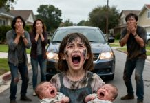 🚨 An 8-year-old girl was dragged out onto the street by her aunt and uncle, clutching her feverish twin brothers after being slapped and accused of “stealing milk.” 😱 Barefoot and shaking, she pleaded, “Please… just let them drink. I’ll do all the chores.” Their cruel answer? “Go beg on the street. This house doesn’t feed trash like you.” Neighbors watched from behind their curtains — until a black Lamborghini pulled up, and the words of the man who stepped out changed everything forever. ⬇⬇⬇