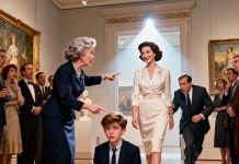 At the gala, my aunt pointed at my son and shouted in front of everyone, “He’s not qualified to be here. Go wait outside in the lobby!” My son lowered his head, his eyes turning red. I stayed calm, walked up beside her, and smiled lightly. “Are you sure about that?” Before she could understand, the manager hurried over and bowed. “Ma’am… the gallery has been fully prepared according to your instructions.” My aunt’s face instantly went pale.