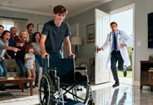 My brother suddenly shoved me, flipping the wheelchair and sending me crashing onto the tile floor. “Stop faking it for attention,” he sneered. The whole family burst into laughter as I struggled to breathe, and no one bothered to help me up. What they didn’t know… was that my doctor had been standing right behind them, quietly watching everything. He cleared his throat, stepped forward, and said the words that froze the entire room.