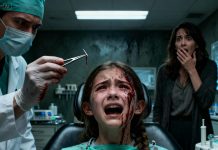 My 12-year-old daughter kept crying from jaw pain, barely able to eat anything, but my ex-husband insisted, “She’s just losing her baby teeth.” The moment he left the house, I rushed her to the dentist. Right after the dentist examined her, he turned off the lights and quietly locked the door. “Stay calm,” he whispered, his hands trembling as he pulled out a tiny, razor-sharp object from my daughter’s swollen gum. My blood ran cold. I grabbed my phone and called the police.