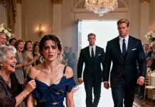 My husband’s relatives surrounded me in the crowded venue, sneering, “Take off your dress. Let’s see what’s so ‘beautiful’ that makes you think you deserve to join this family.” I froze, my hands trembling with anger and humiliation, and no one on their side defended me—only cruel laughter filled the air. I bit my lip, fighting back tears. But then the atmosphere shifted. My two brothers—billionaires they assumed I’d never dare mention—walked in, the floor seeming to shake as they stepped forward and stood between me and the others. My eldest brother stared directly at my in-laws, his voice low and icy: “Touch my sister again… and you’ll lose far more than your cheap pride.” The entire room fell silent.