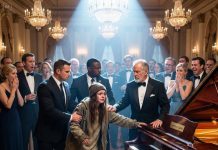 At the lavish gala, two security guards dragged a thin, homeless girl out of the hall. She struggled, her eyes locked on the grand piano sparkling under the lights. “Please! Let me play one piece… just for a plate of food!” The guests scoffed. But then, piano legend Lawrence Carter stepped forward, placed a hand on her shoulder, and said, “Let her play.” The room burst into laughter—yet only seconds later, when her fingers touched the keys… every laugh dissolved into absolute silence.