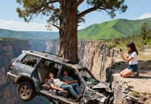 My daughter had cut the brake lines. When the car slipped off the cliff, we survived only because it got caught on a lone tree jutting out from the rock face. I panicked and was about to scream for help, but my husband whispered weakly, “Pretend to be dead. Don’t make a sound.” Outside, through the shattered glass, we heard our daughter calling emergency services, sobbing and begging them to come save us — as if she wasn’t the one who caused it all. My husband’s hand trembled as he gripped mine, his voice breaking. “I’m sorry… this is all my fault.”