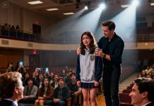 A long wave of applause erupted for my daughter at her school’s talent show. But the judges stayed stone-faced. One of them even scoffed, “Don’t think you have talent. They’re only clapping out of pity for a poor little girl with a single mom.” Tears filled my daughter’s eyes as she lowered her head in shame. Suddenly, a man from the back row rose to his feet and walked straight onto the stage. The moment the judges saw his face, their expressions drained of all color—because they recognized him instantly. And what he said next changed everything…
