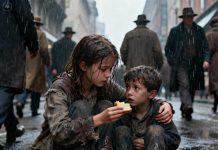 Amid the bustling crowd, a lost little boy stood trembling by the roadside, his thin clothes soaked through, lips tinged blue from the cold. Dozens of people passed by, glancing at him briefly before moving on—as if he were invisible. Then a poor little girl, clutching a single loaf of bread in her hand, stopped. She took off her only wool scarf, wrapped it gently around his neck, and softly asked, “Do you want me to take you home?” The boy’s next reaction… could melt the heart of anyone who witnessed it.