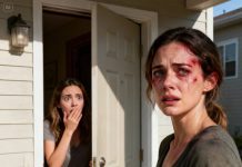 My twin sister appeared at the door, lips purple, face bruised, hands trembling. One look was enough for me to know what her husband had done. That night, as she sobbed and told me everything, I held her hand and said, “Let me.” We switched places—a plan only twins could pull off flawlessly. When he walked into the room, believing the woman before him was his “familiar wife,” the confidence on his face was terrifying. But just a few minutes later, that confidence vanished completely as he ended up running away in fear…