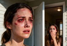 My twin sister showed up at my door with purple lips, bruises on her face, and shaking hands. One glance was all it took for me to see exactly what her husband had done. That night, as she cried and confessed everything, I took her hand and whispered, “Let me handle it.” We swapped places—a plan only twins could execute perfectly. When he walked into the room, thinking he was facing his “usual wife,” the confidence on his face was chilling. But minutes later, that confidence disappeared completely when he ended up fleeing in terror…