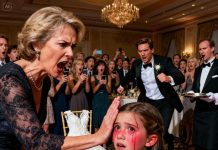 At my sister’s wedding, the music stopped when my mother suddenly slapped my daughter across the face. “Why did you spill wine on the wedding dress?!” she screamed, her voice echoing through the hall. My sister’s husband stormed over, furious. “You’ll pay for the damage you’ve caused!” My daughter, trembling with tears in her eyes, sobbed, “I didn’t do it! Please, you have to believe me!” But no one did. Guests whispered, cameras clicked, and my family stared at me with disgust. Then, a waiter hesitantly spoke up, “Ma’am… we can check the security footage.” In that instant, my mother’s confidence vanished — and my sister’s husband’s face turned white