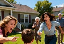 My sister grabbed my son by the hair and dragged him across the yard, screaming, “Your brat ruined my dress!” My mother laughed and said, “Serves him right. He needs to learn his place.” My father chuckled too. “He should apologize for even existing.” I said nothing — just helped my son up, wiped his tears, and took him home. The next morning, police cars lined up in front of their house. It turned out that the “brat” was the legal owner of the very home they lived in — through a trust left under my name by his late grandfather