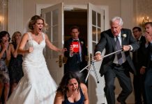 At my sister’s wedding, I was nine months pregnant, radiant and careful with every step. Then, suddenly, she pushed me hard. I staggered, fell to the floor, and felt the hot amniotic fluid gush out as it broke. Gasps filled the room, but instead of helping, she screamed, “You’re ruining my wedding! You always ruin everything!” My father’s face twisted in anger. He grabbed the camera tripod and struck my head. Blood blurred my eyes as they yelled, “You’re disgracing our family!” Then the door burst open. My husband stepped in—holding something that silenced the entire room.