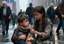In the middle of the busy street, a lost boy stood shivering at the curb, his thin shirt drenched, his lips bluish from the cold. Dozens of people passed him, spared him a glance, and kept walking—as if he didn’t exist. Then a poor girl, carrying nothing but a small piece of bread, paused. She removed her only wool scarf, gently wrapped it around him, and whispered, “Do you want me to take you home?” What the boy did next… would melt the heart of anyone who witnessed it.