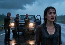 They thought it was a joke. My husband and his brothers left me on a deserted road three hundred miles from home, laughing hysterically and shouting, “Good luck!” I stood there alone, rain and cold wind lashing against my face… and I decided I would never go back again. Five years later, he found me. He approached with a triumphant smile, convinced I was still the woman he had abandoned. But the moment he saw the man standing behind me, his smile vanished instantly. His face turned pale. “Since when… did you know him…?” Because that man was someone he had never dared to face.