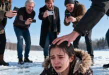 My son-in-law’s family thought it was “funny” to shove my daughter into a freezing lake. They kept her in the ice-cold water, filming and laughing at the top of their lungs, mocking her with, “Look at the drama queen!” And her husband just stood there, coldly recording every second as if it were entertainment. When she finally pulled herself out, trembling and gasping for air, I rushed forward screaming for help, but the crowd around us only watched in indifference. By the time the ambulance arrived, my hands were still shaking with rage. I took out my phone and dialed a familiar number; my brother, a former Marine, picked up. I said only one sentence: “Do it. It’s time they paid.” And less than twenty-four hours later, that entire family collapsed in a way they never saw coming.