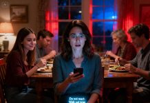 During our family dinner, my phone suddenly lit up with a message: ‘Do not react. Walk out now.’ I froze mid-bite. Across the table, my sister gave a small nod — she had received the exact same warning. ‘Smile,’ she mouthed silently, ‘now.’ Five minutes later, the entire house was surrounded…