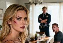 My husband bruised my face, and I stayed silent. The next morning, I woke up early and cooked a large breakfast as if nothing had happened. He leaned back in his chair, smirking. “Finally, you know your place!” But his smile vanished the moment he saw who was sitting at the head of the table — calm, arms crossed, staring straight at him. That man spoke in a low, cold voice: “Do you want to explain what happened last night… or should I do my job?” My husband turned pale. And in that moment, he understood… I wasn’t alone anymore.