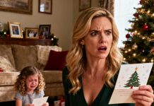 At the family photoshoot, my six-year-old daughter sat in the front row, smiling her sweetest smile. But when the Christmas cards arrived, she had been removed from every photo. She cried, asking what she’d done wrong. I didn’t yell. I took action. The next morning, my mother opened her present — and her face instantly turned white…