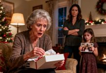 At our family photo shoot, my 6-year-old daughter sat proudly in the front row, smiling like a little angel. But when the Christmas cards arrived, I froze—they had PHOTOSHOPPED her out of every single picture. My daughter burst into tears, trembling as she asked, “Mom… am I not part of our family anymore?” My heart shattered. That night, I prepared a gift the whole family would never forget. And the next morning… my mother opened it and went completely pale, unable to speak.