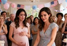 At my sister’s baby shower, I hadn’t even taken my seat when she stood up and announced to everyone: “Your late husband… is the father of my baby.” The room froze. Then she looked straight at me and added, “You owe me half of your inheritance.” I simply smiled and placed a folder in front of her. The moment she opened it, her face turned pale. And that… was only the beginning.