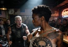 Biker rips off black woman’s shirt at bar – but when her tattoo is revealed he turns pale and is left in shock.