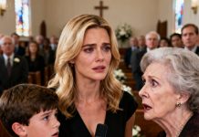 In the quietest moment of the funeral, his mother turned to me in front of everyone and said, “You are the final disgrace of my son.” No one even dared to breathe. Then my eight-year-old child stood up, wiped their tears, and asked clearly, “Grandma… should I play the recording Dad made about you?” Their entire family went pale. No one had realized… the child had heard everything before he passed away.