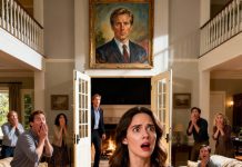 “And now, for a surprise,” she announced, smiling. “Everyone will finally meet my only real son.” I thought I was ready. Then the doors swung open—and my husband walked in, identical to the portrait hanging above the fireplace. The room sucked in a single breath. No one spoke. In that frozen moment, I realized this wasn’t just a revelation… it was the beginning of the truth that would shatter every lie we’d been living with.
