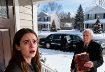 The door slammed in my face on Christmas morning. I was still on the porch when a black town car stopped, and a man everyone swore was dead stepped out. He looked straight at me, holding a worn ledger. “What’s your name?” he asked. I told him. He nodded slowly. “Then tell me who’s been spending my money using it.” That’s when I knew this holiday would destroy everything we’d buried.