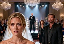 In the middle of the elegant wedding venue, my sister sneered, “You married a farmer and thought you could host a wedding here?” The room went dead quiet. I stood there, humiliated, my hands trembling, while my daughter stared down at the floor. Then a man in a black suit rose from his seat, walked up to the stage, and picked up the microphone. “I’m the CEO of the Ritz-Carlton,” he said calmly, “and I think it’s time everyone learned who her husband truly is.”