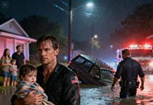 Driving home, I hit a sudden flood. A family was trapped, the water rising fast. I broke the door and carried a shaking child to safety. “Who are you?” the father choked. I just nodded and kept moving. The next morning, my photo was everywhere—“The mysterious hero.” What they didn’t know… was that this was only my first mission in my real life.