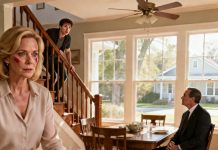 My son assaulted me when I wouldn’t hand over my late husband’s inheritance. I didn’t say a word. The following morning, I made a flawless breakfast. He smiled at the lace tablecloth and the cookies and said, “Looks like you finally got the message.” Then he saw someone else sitting at the table, looking straight at him—and all the color drained from his face…