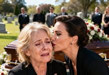 At my son’s funeral, my daughter-in-law leaned close and whispered in my ear, her voice ice-cold, “You have thirty days to leave this house.” I didn’t cry. I simply smiled. That night, I quietly packed my belongings and left before dawn without leaving a single note. The next morning, just as the sun rose, loud knocking echoed through her house. “Ma’am, we’re the police.” From across the street, I stood watching her freeze in place—because she knew exactly why they had come.