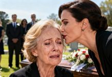 During my son’s funeral, my daughter-in-law bent close and whispered coldly, “You have thirty days to move out of this house.” I didn’t shed a tear. I just smiled. That night, I packed my things in silence and left before sunrise, leaving no message behind. The next morning, as the sun came up, there was a hard knock at her door. “Ma’am, this is the police.” From across the street, I watched her go pale—because she knew perfectly well why they were there.