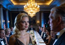 The whole table went silent when my boyfriend’s father sneered, “A nobody in a borrowed dress dares to sit here?” The billionaire watched me like a hunter, enjoying my humiliation before thirty-six high-profile guests. I stood up calmly, my heart racing as a faint smile appeared. What I said next—just a whisper—was enough to bring his empire down…