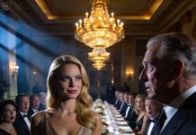 The entire dinner table fell into stunned silence when my boyfriend’s father laughed contemptuously and said, “A trash girl in a borrowed dress thinks she deserves a seat here?” The billionaire looked at me like prey, savoring every second of my humiliation in front of thirty-six elite guests. I rose slowly, my heart pounding, but a smile gradually formed on my lips. An empire collapsed with a single whisper that followed…