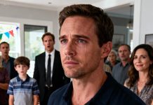 I still hear her voice cutting through the party: “This is your new daddy—your real dad is just a loser!” I smiled, kept arranging the candles, and said nothing. Then the cake was cut. My son stood up, hands shaking, and looked straight at me. “Dad,” he said quietly—and in that second, the room froze. What he said next changed everything…