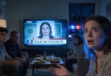 My father turned on the TV, his voice ice-cold. “This is the person who stole two hundred thousand dollars. Do you recognize yourself?” I froze. The glass in my sister’s hand slipped and shattered on the floor. No one dared to breathe. Thirty minutes later, frantic knocking echoed through the house. The police were standing on the porch. And I knew this family dinner would end in a way none of us expected.