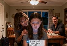 Mom squeezed my shoulder and whispered, “From now on, call him Dad.” Her new boyfriend stared at me with a smile that made my skin crawl. I stayed quiet, head down—until my phone vibrated in my pocket. A message flashed: “Are you okay? I’m still here. Love, Dad.” What Mom didn’t realize was that I’d never lost contact with my real father. And that dinner… was about to explode.